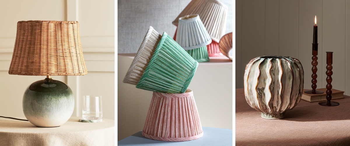 Neptune Halcyon lamp and Lavington vase and Fermoie lampshades